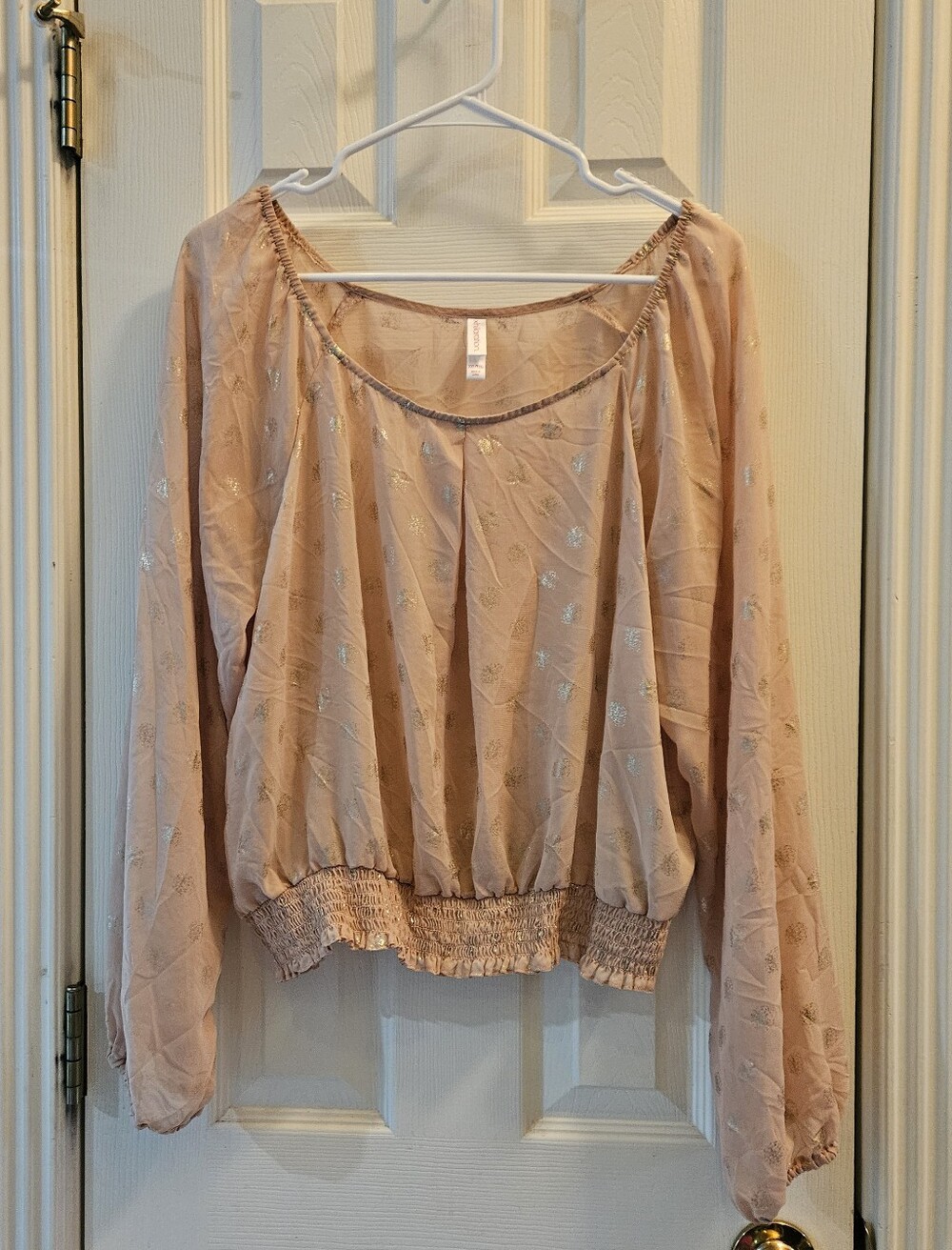 Xhilaration Blush Pink Metallic Accent Smocked-Hem Long Sleeve Top